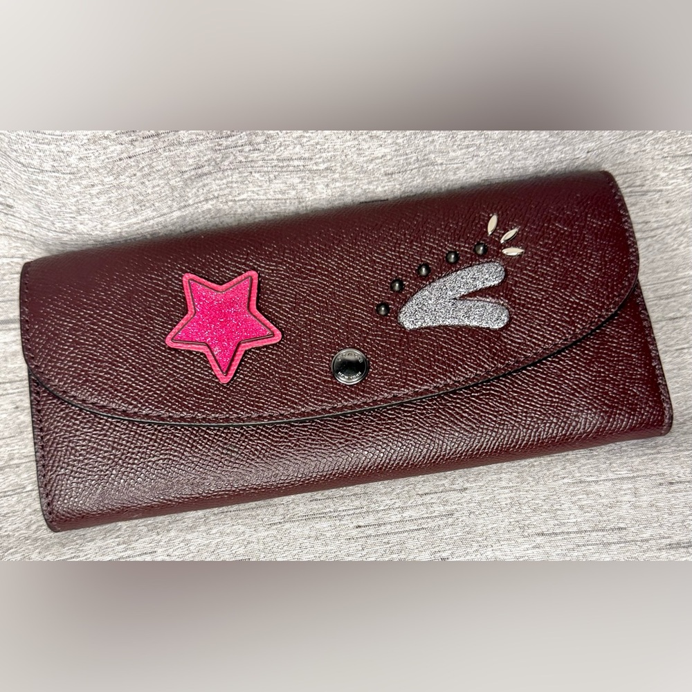 Coach Slim Envelope Leather Wallet w/ a Bear Pink Star & Winking face - 8” x 4” - Picture 9 of 12
